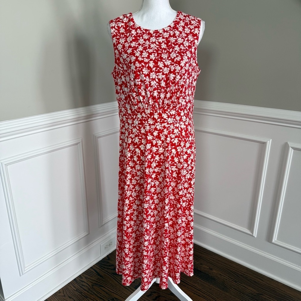 NEW London Times Floral Red Ivory Sleeveless Fit And Flare MIDI Dress Size 12